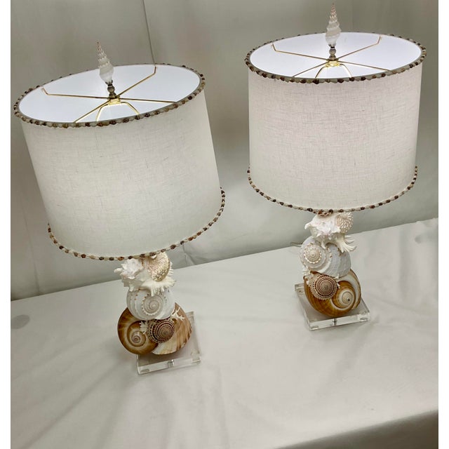 Hollywood Regency Natural Shell Lamps With Linen Shades - Pair | Chairish