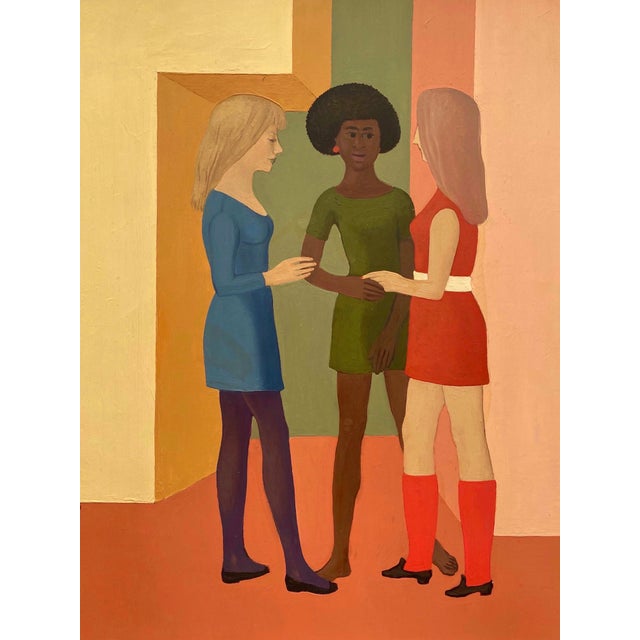 Pierre Georgeot Vintage 1970 Mid Century Modernist " Trois Aimes " Original Framed Paris Pop Art Oil Painting For Sale - Image 10 of 17