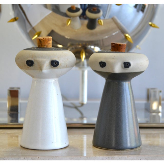 Late 20th Century Pair of Mid-Century Modern figurative ceramic Mr. Salt and Mrs. Pepper shakers by David Gil for...