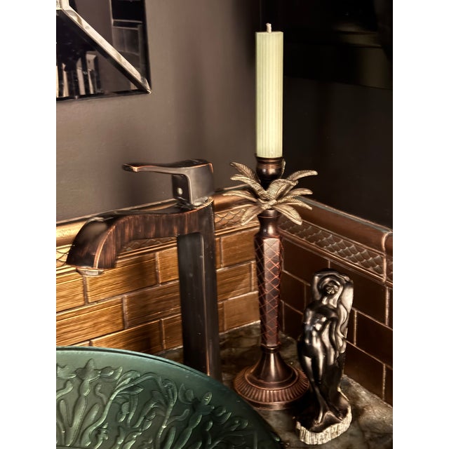 1990s Maitland Smith Style Enameled Metal Palm Tree Candle Holder For Sale - Image 5 of 9
