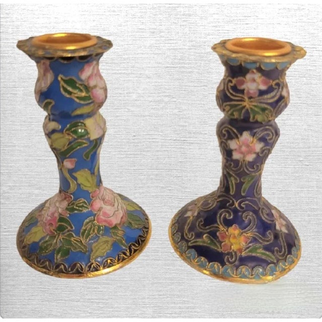 Chelsea House Inc Vintage Cloisonne Navy Blue Light Blue Pink Gold Inlaid Candle Stick Taper Holders- a Pair For Sale - Image 4 of 8