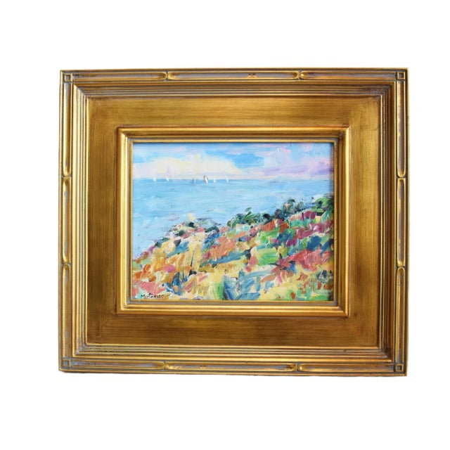 Impressionist Coastal Ocean & Floral Meadow Landscape Seascape Oil Painting Displayed in an Antiqued Gold Wood Frame For Sale - Image 9 of 9