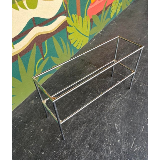 Late 20th Century Postmod Chrome Faux Bamboo & Smoked Glass Console Table For Sale - Image 5 of 11