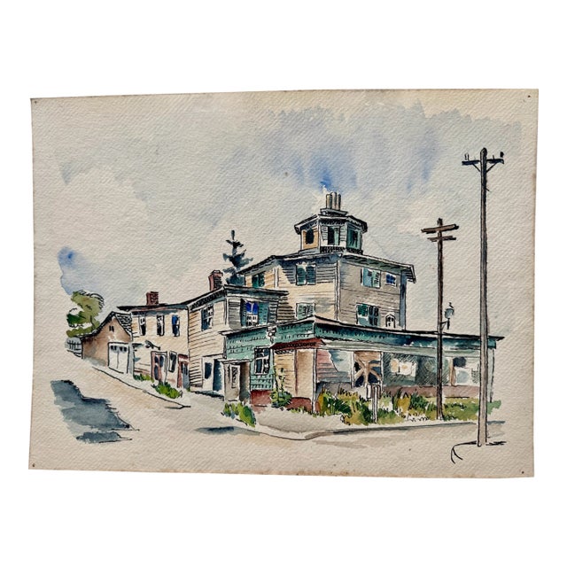 Henry Emil Salloch Original Watercolor on Paper Urban Streetscape Sketch. For Sale