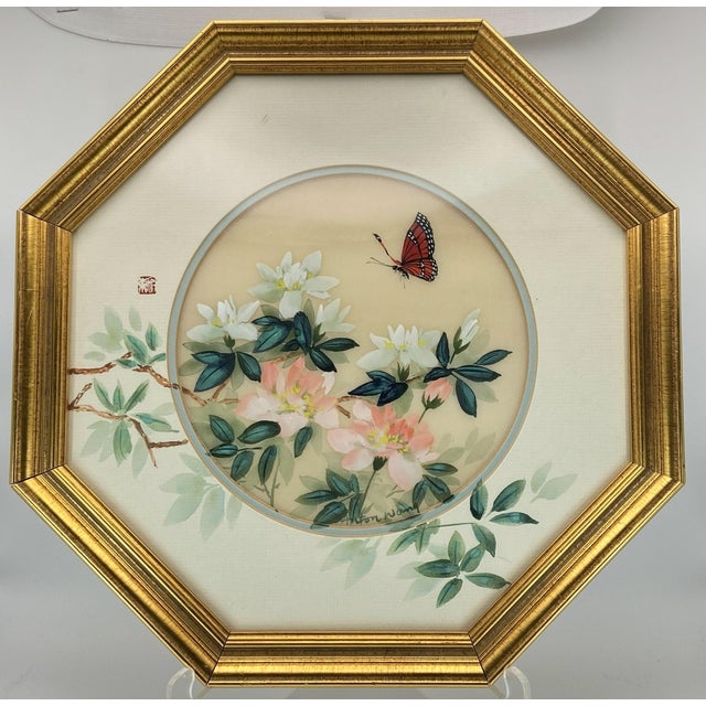 Matched Set of 2 Anton Wang Watercolor on Silk Paintings – Artist Signed and Framed With Chop Mark (Original Vintage Octagon Frames) For Sale - Image 10 of 18