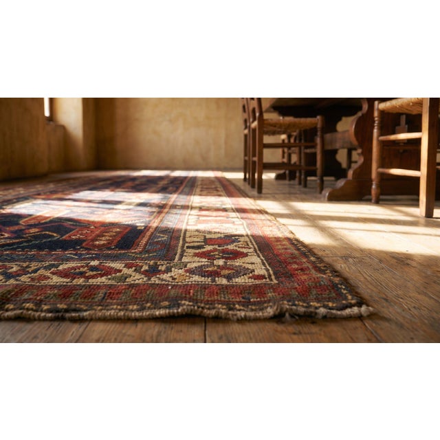 Textile 1880s Blue Navy Geomtric Tribal n.w. Persian Carpet 4' X 10' Handmade Wool Rug For Sale - Image 7 of 8