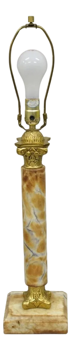 Vintage French Empire Style Brown Marble Corinthian Column Brass Table Lamp