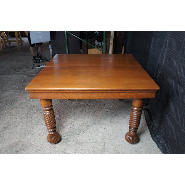 Antique American Arts & Crafts Quartersawn Oak Barley Twist Dining Table Extends For Sale - Image 10 of 18