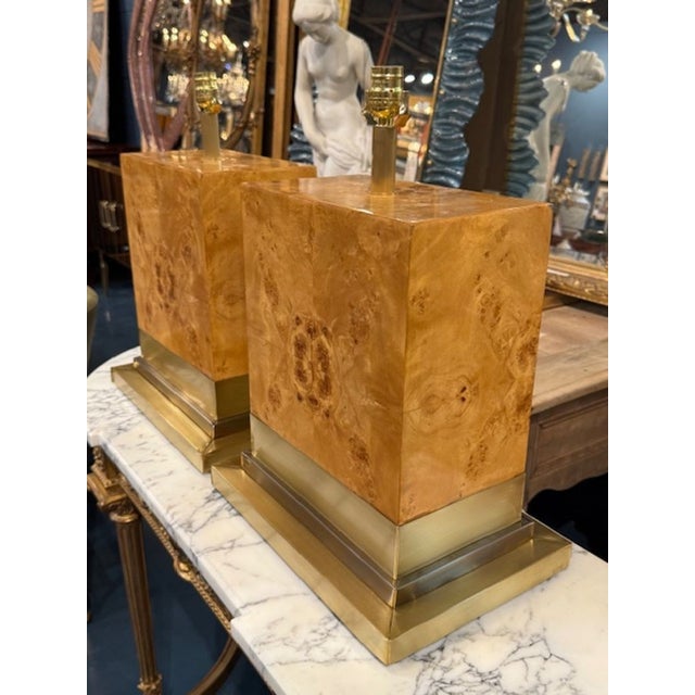 Pair of Blond Burl and Brass Lamps For Sale In Dallas - Image 6 of 6