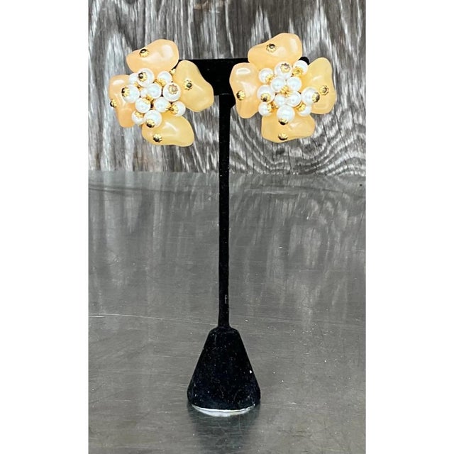 Plastic Vintage Floral Lucite Pearl Clip on Earrings For Sale - Image 7 of 12