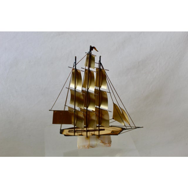 1970s Signed Jere Vintage Mid Century Brass Onyx Three Mast Sailing Yacht Boat Sculpture For Sale - Image 5 of 7