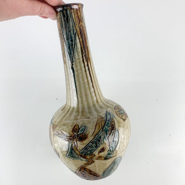Vintage Mid Century Modern Japan Otagiri Vase Tall Carved Stoneware Fluted Neck For Sale - Image 9 of 11