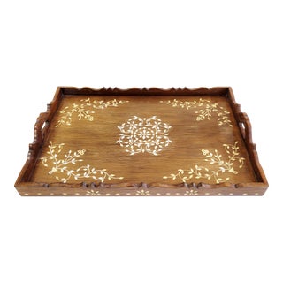 Vintage Mid-Century Modern Moroccan Inlaid Carved Wood Handle Serving Tray For Sale