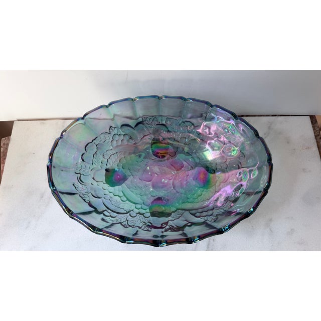 Vintage 1970s Indiana Glass Iridescent Blue Carnival Glass Harvest Grape Footed Centerpiece Bowl.. For Sale In Greensboro - Image 6 of 10