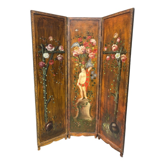 Antique Rococo French Three-Fold Hand-Painted Wood Romantic Cherub and Floral Room Divider, 1890s For Sale
