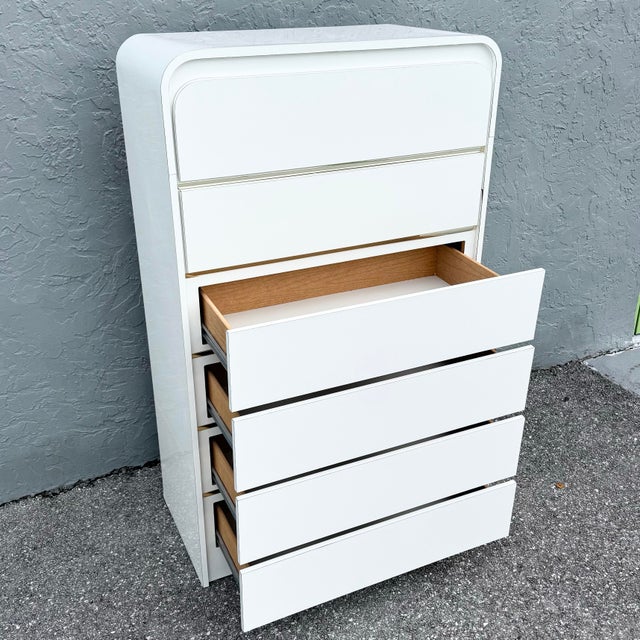 Wood Postmodern White Gloss Laminate Waterfall Highboy Dresser For Sale - Image 7 of 11