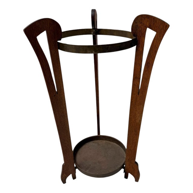 Arts and Crafts Oak and Brass Umbrella Stand, 1900s For Sale