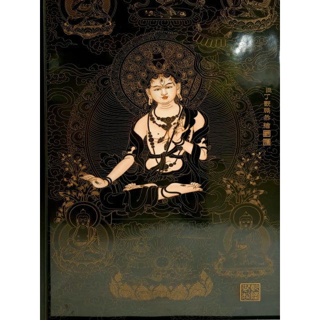 Chinese framed porcelain Buddhist temple plaque Saptalochana Tara, a finely drawn depiction of Seven-eyed Tara in black...