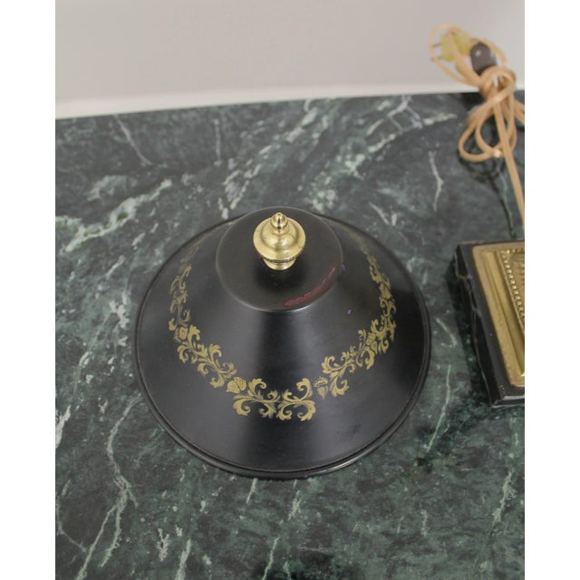 1980s Regency Style Green Column Table Lamp W. Tole Shade For Sale - Image 5 of 10