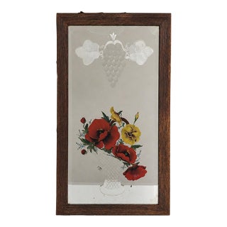 Vintage Floral Wall Mirror Victorian Etched Hanging Wood Framed Antique Folk Art For Sale