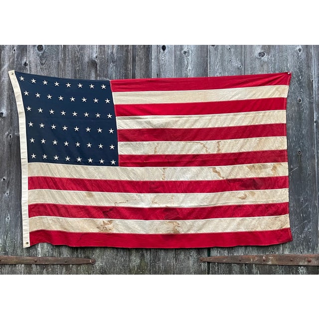 Rare and Fine Antique American Flag 1920 Wool. 48 Star Beautifully Aged. Great Fade All Sewn Embroidered Stars 4x6 For Sale - Image 10 of 10