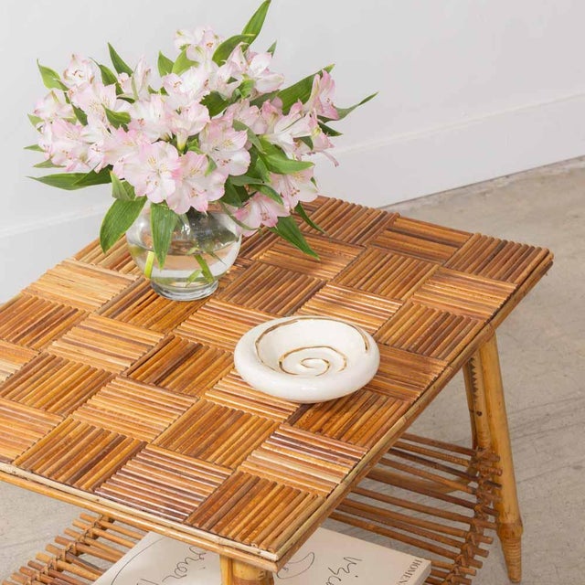 Unique rattan side table by Adrien Audoux and Frida Minet from France, 1960s. Rectangular rattan top with checked pattern...