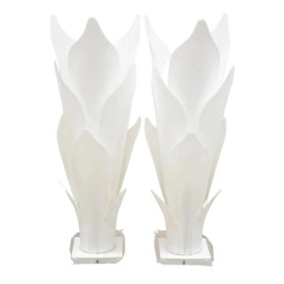 Mid 20th Century Rougier White Acrylic Lucite Tulip Flower Leaf Mid Century Table Lamps - A Pair For Sale