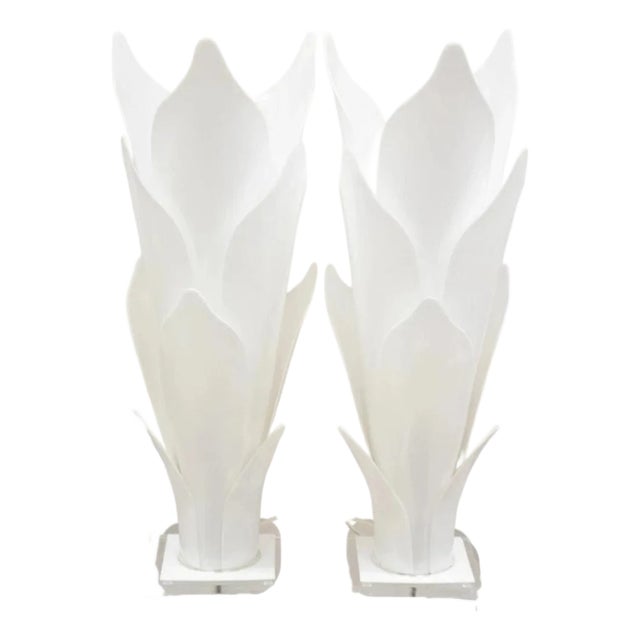 Mid 20th Century Rougier White Acrylic Lucite Tulip Flower Leaf Mid Century Table Lamps - A Pair For Sale