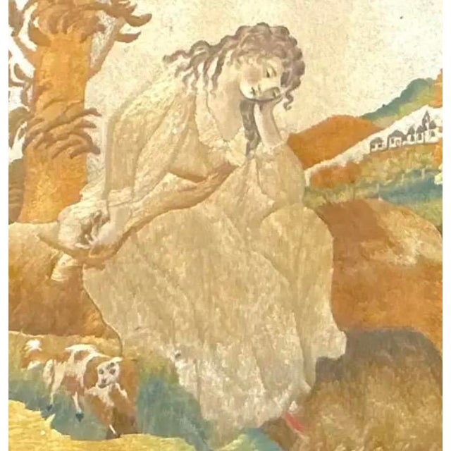 Neoclassical Georgian Oval Silk Embroidery of Girl With Her Dog, Framed For Sale - Image 3 of 9