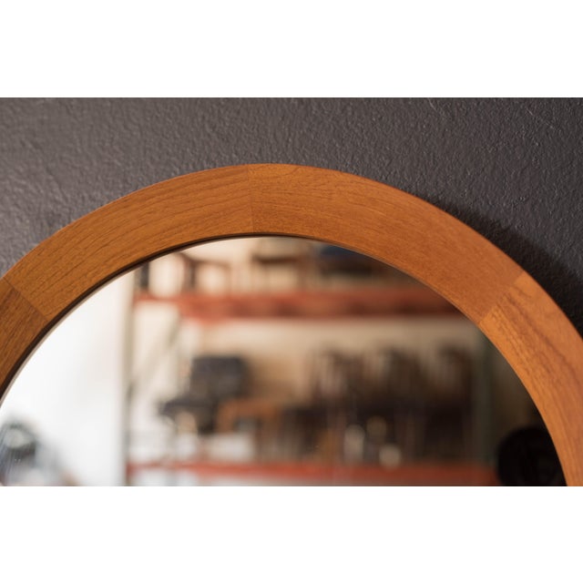 1960s Danish Modern Solid Teak Round Wall Hanging Mirror For Sale - Image 5 of 7