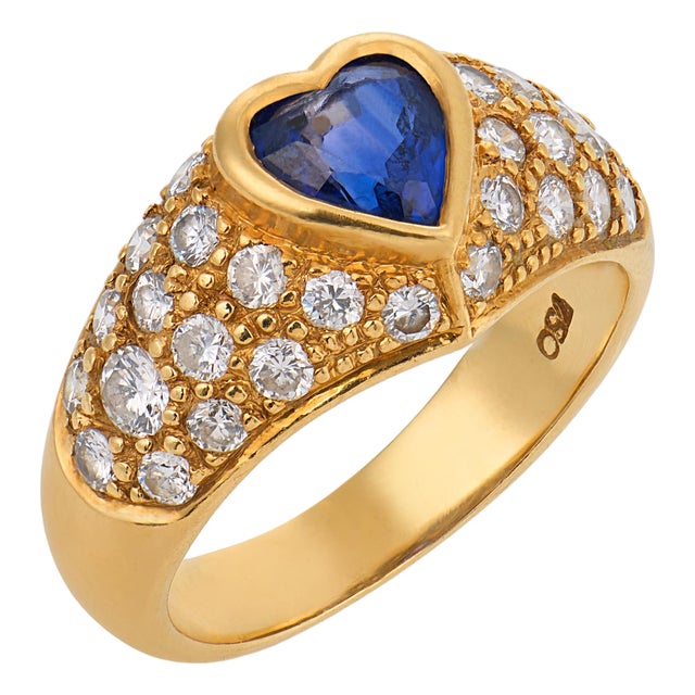 Vintage Heart Shape Sapphire Diamond 18k Yellow Gold Ring, Size 5 For Sale