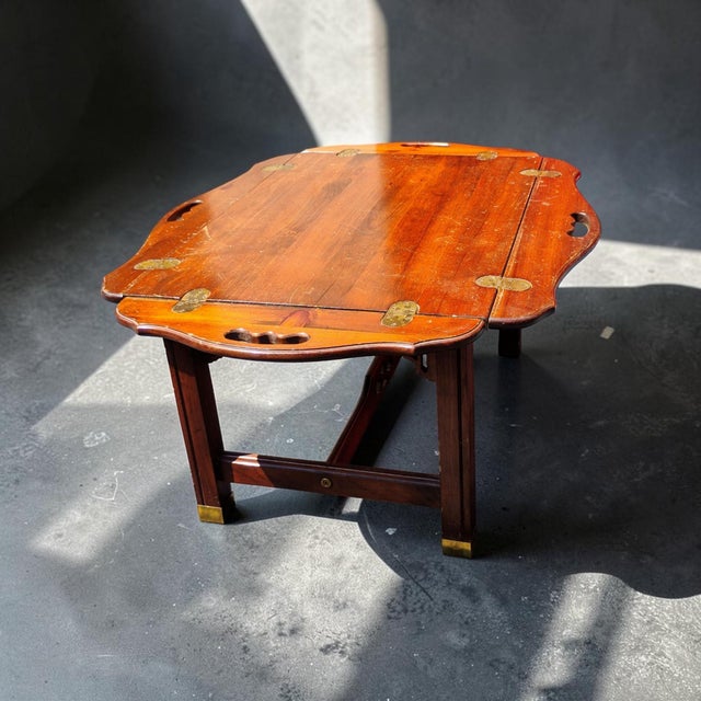 Chocolate Classic Baker Brass Hardware Chippendale Butler's Tray Coffee Table With Hinged Drop-Down Leaves For Sale - Image 8 of 8
