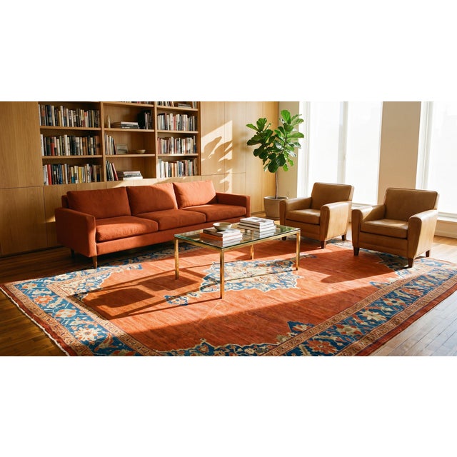 Textile 1880s Orange Medallion Classic Antique Persian Sultanabad Rug 9'6" X 12'5" Knotted Pile Wool Carpet For Sale - Image 7 of 7