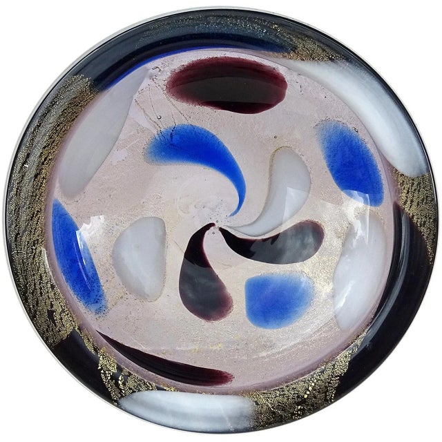 Murano Vintage Gold Flecks Blue Purple Black White Spots Italian Art Glass Midcentury Bowl For Sale - Image 11 of 11
