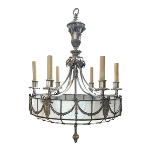 1900’s Leaded Glass and Silver Plated Bronze Chandelier