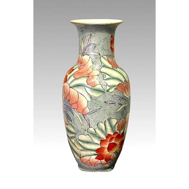 1960s Vintage Macau Chinese Porcelain Vase Hand Painted With Orange Lotus Flowers in the Kangxi Style For Sale - Image 5 of 8