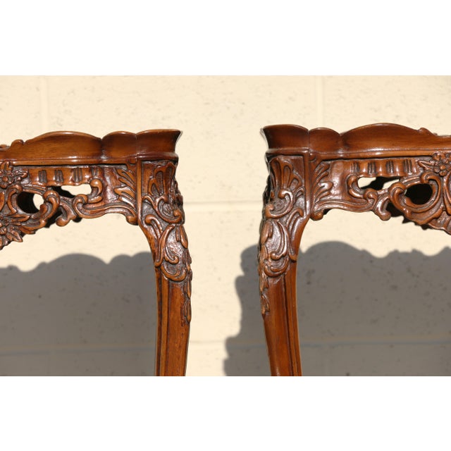 Pair of Louis XV Style Marquetry Side Tables/End Tables | French Rococo Revival Carved Wood For Sale In Los Angeles - Image 6 of 18