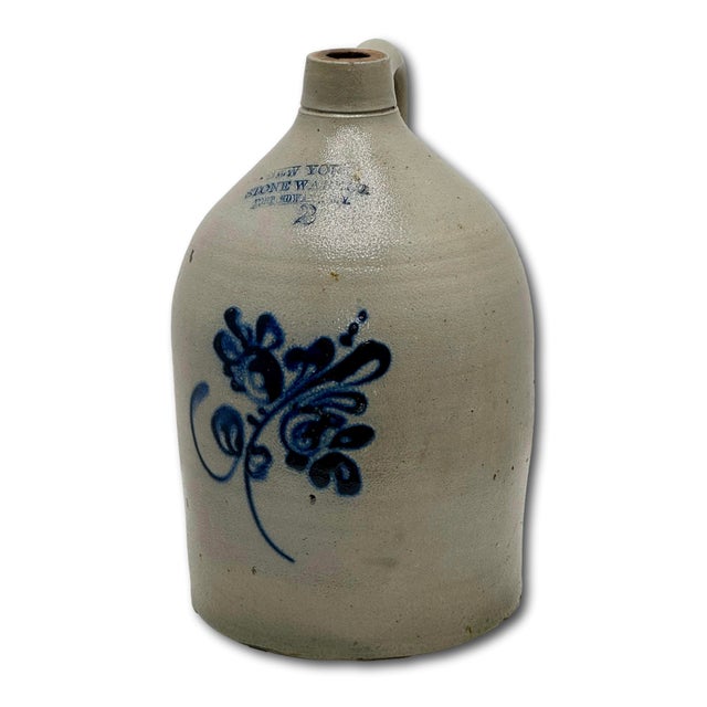 Mid 19th Century Excellent Antique American Blue Flower Decorated 2 Gallon Jug by New York Stoneware Company Fort Edwards - Circa Mid 1800s For Sale - Image 5 of 18