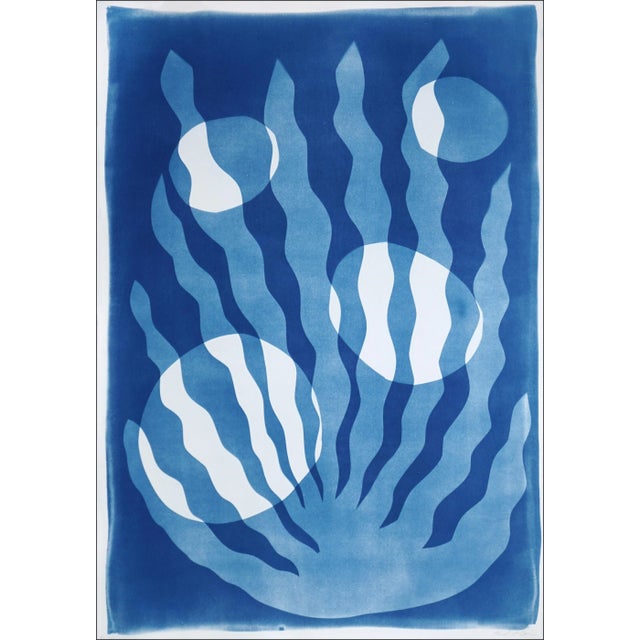 2025, Art Deco Style, Ocean Shapes, Unique Monotype - Cyanotype on Watercolor Paper of Algae With Bubbles in Blue Tones by Kinf of Cyan For Sale