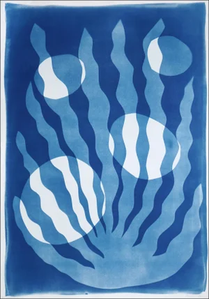 2025, Art Deco Style, Ocean Shapes, Unique Monotype - Cyanotype on Watercolor Paper of Algae With Bubbles in Blue Tones by Kinf of Cyan
