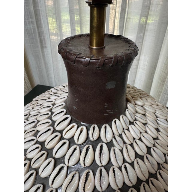 South Pacific Cowrie Sea Shell Encrusted Table Lamps Ikat Style Shades - A Pair For Sale - Image 10 of 12