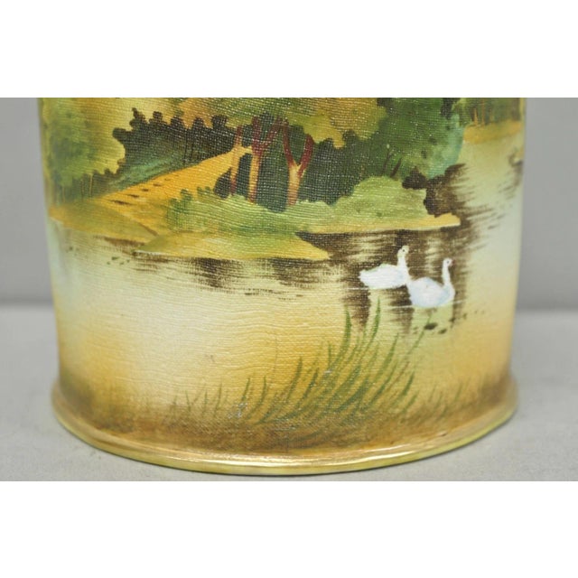 Yellow Antique Nippon Hand Painted "Tapestry" Porcelain Lake & Duck Humidor Biscuit Jar For Sale - Image 8 of 18