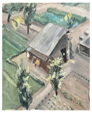 Isaac Charles Goetz, Grange View From Above, 1950, Oil on Canvas