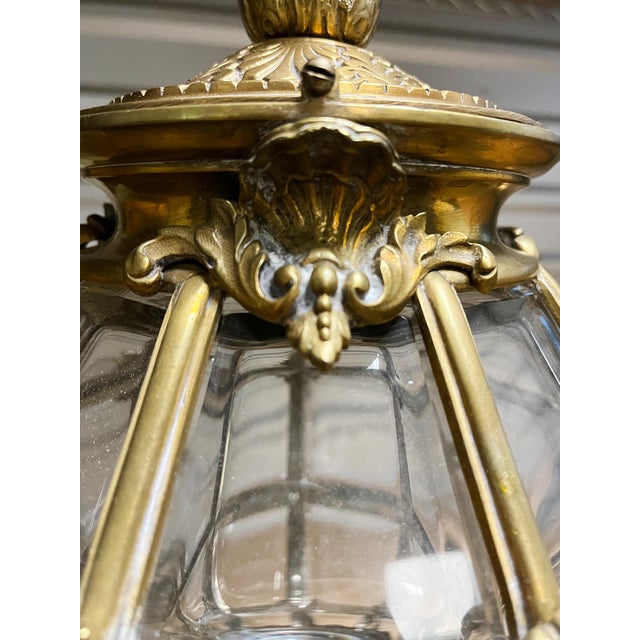 Metal Early 20th Century Brass & Beveled Glass Lantern Pendant Light For Sale - Image 7 of 10