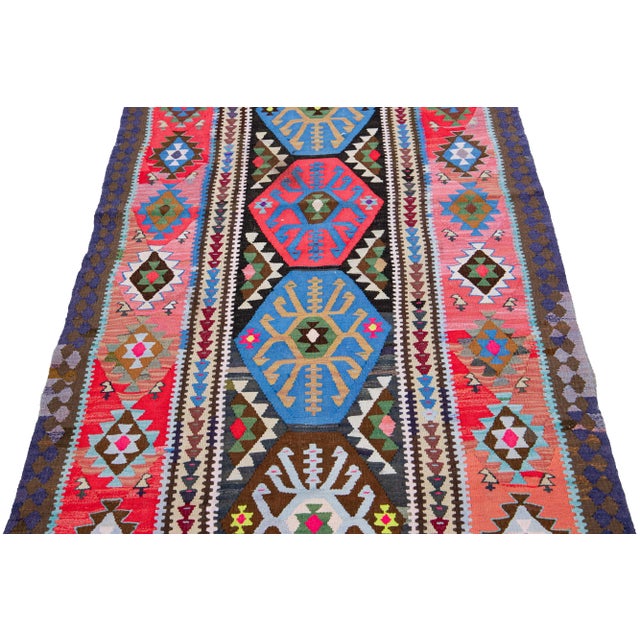 Tribal Vintage Kilim Handmade Flatweave Multicolor Tribal Motif Wool Runner For Sale - Image 3 of 10
