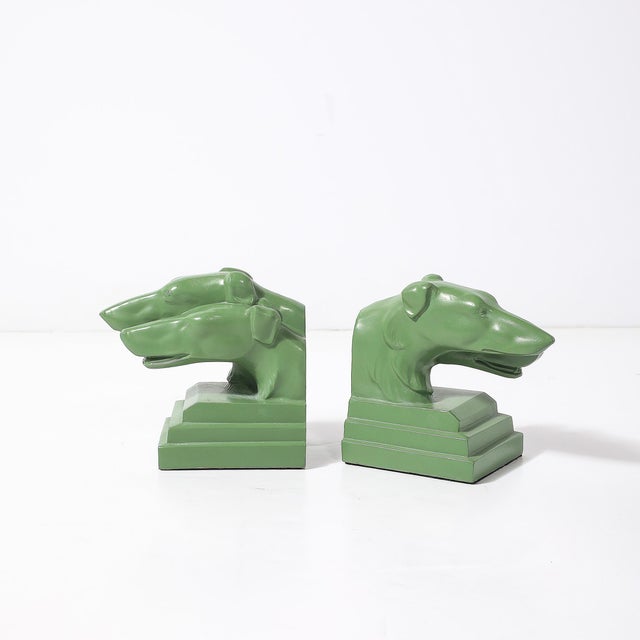 Green Pair of Green Enameled Double Greyhound Bookends Signed Nuart Creations For Sale - Image 8 of 10