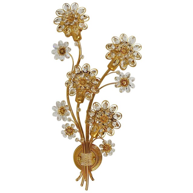 Large Gilt Brass & Crystals Flower Wall Light from Palwa, 1970s For Sale - Image 17 of 17