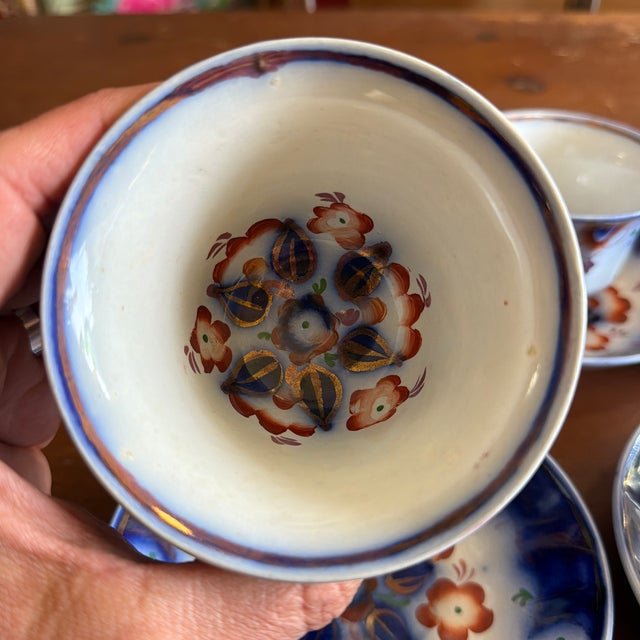 Farmhouse Antique Gaudy Welsh Crescent Pinwheel Flow Blue Cups & Saucers, Set of 5, Circa 1840s For Sale - Image 3 of 12