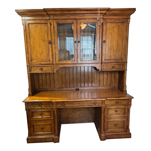 1990s Sligh Traditional Wood Writing Desk With Glass-Front Display Hutch For Sale