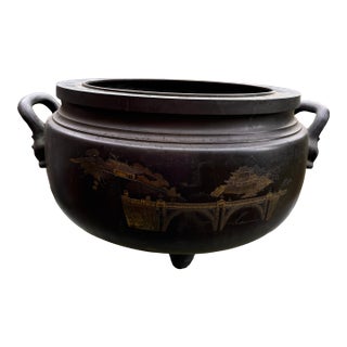 Antique Japanese Bronze Presentation Hibachi With Mixed-Metal Palace Landscape, Meiji–Taishō Period For Sale